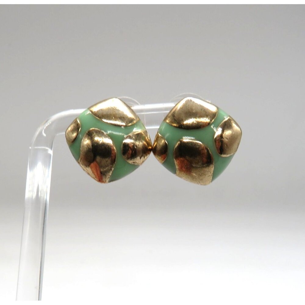 Vintage 80s Green Enamel Gold Tone‎ Pierced Stud Square Abstract Animal Print